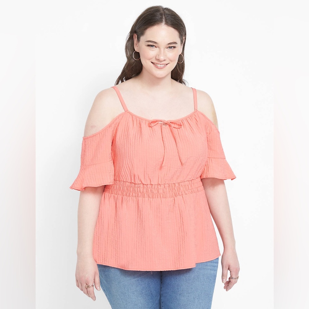 NEW Lane Bryant Cold-Shoulder Smocked Waist Top Porcelain Rose Plus Size 24 (3X)